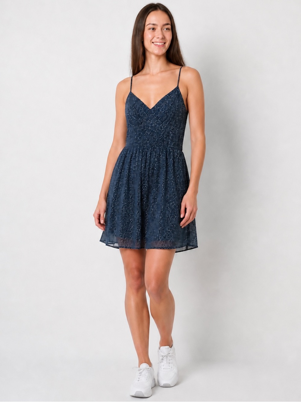 AEO American Eagle Outfitters Women’s 14 Navy Blue Spotted V-Neck Mini Dress EUC